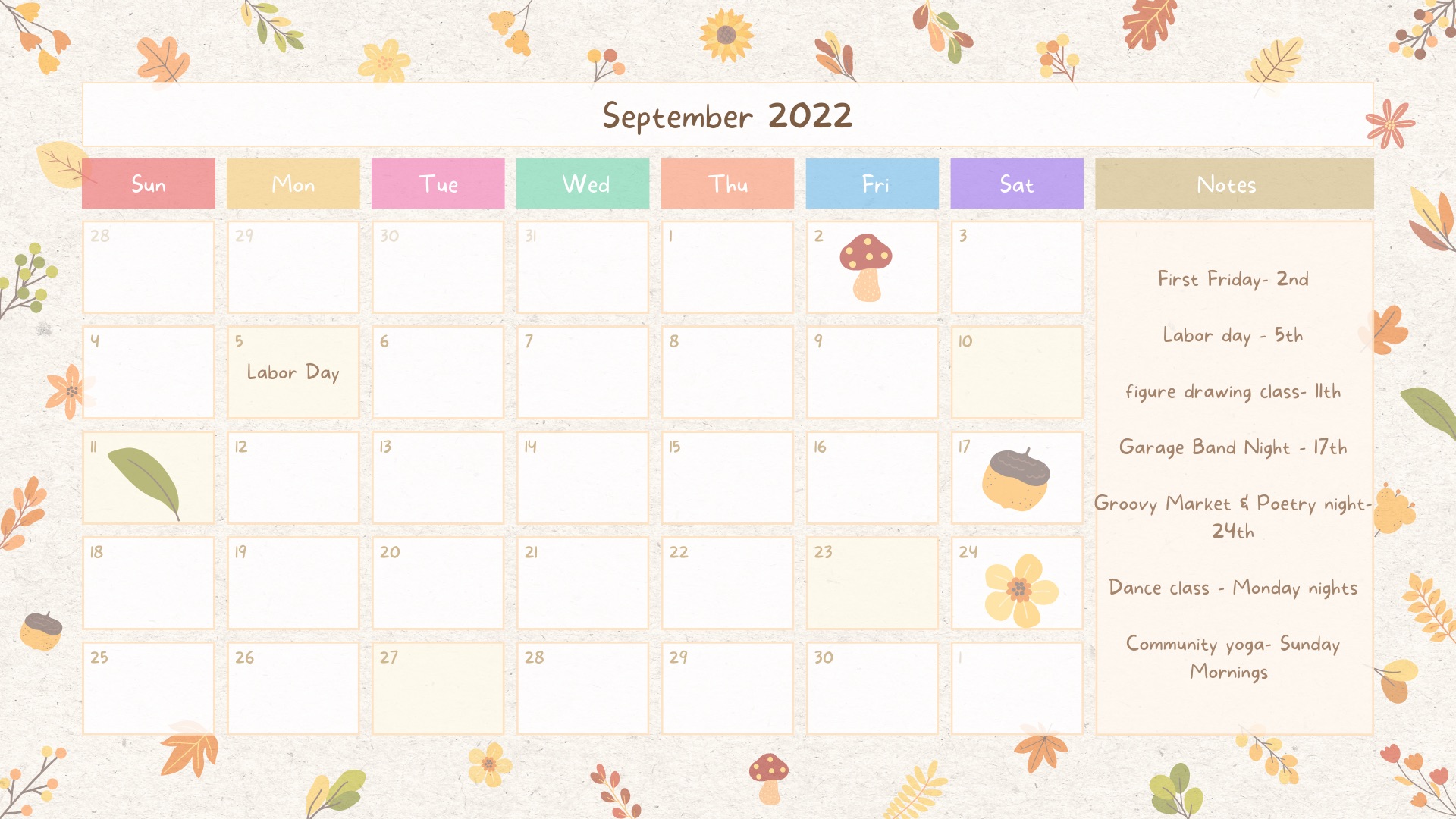 Beige Colorful Pastel Cute Abstract Botanical September 2022 Monthly Calendar